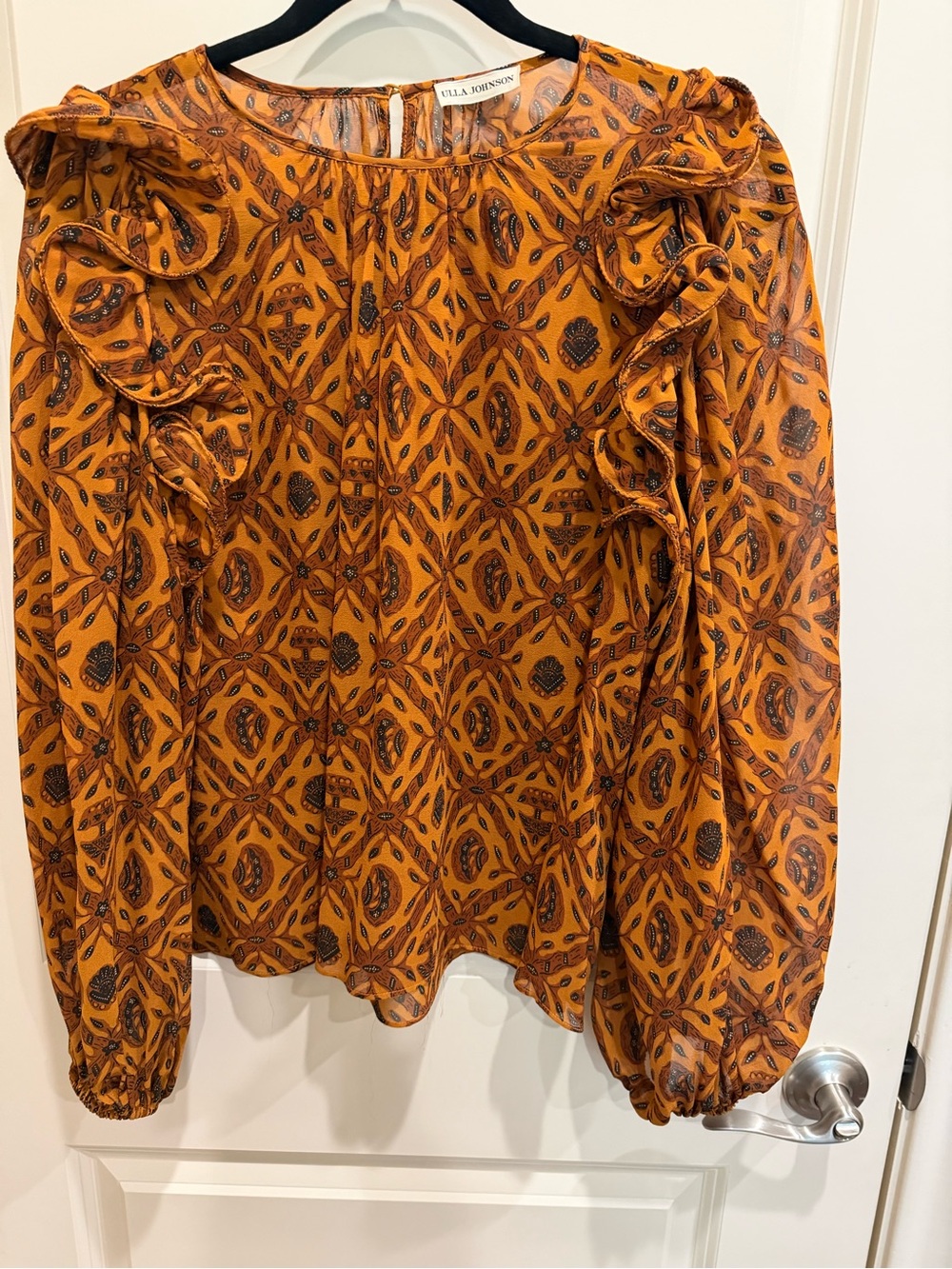 Ulla Johnson Orange Paisley-Print Ruffle Shoulder Blouse